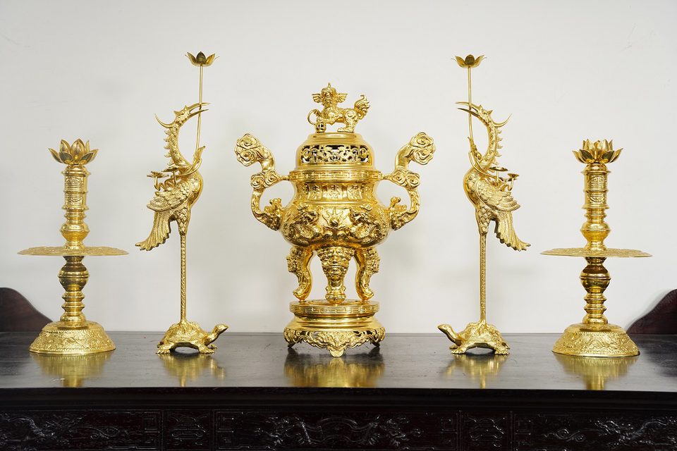 Song Long censer set fully gold gilded