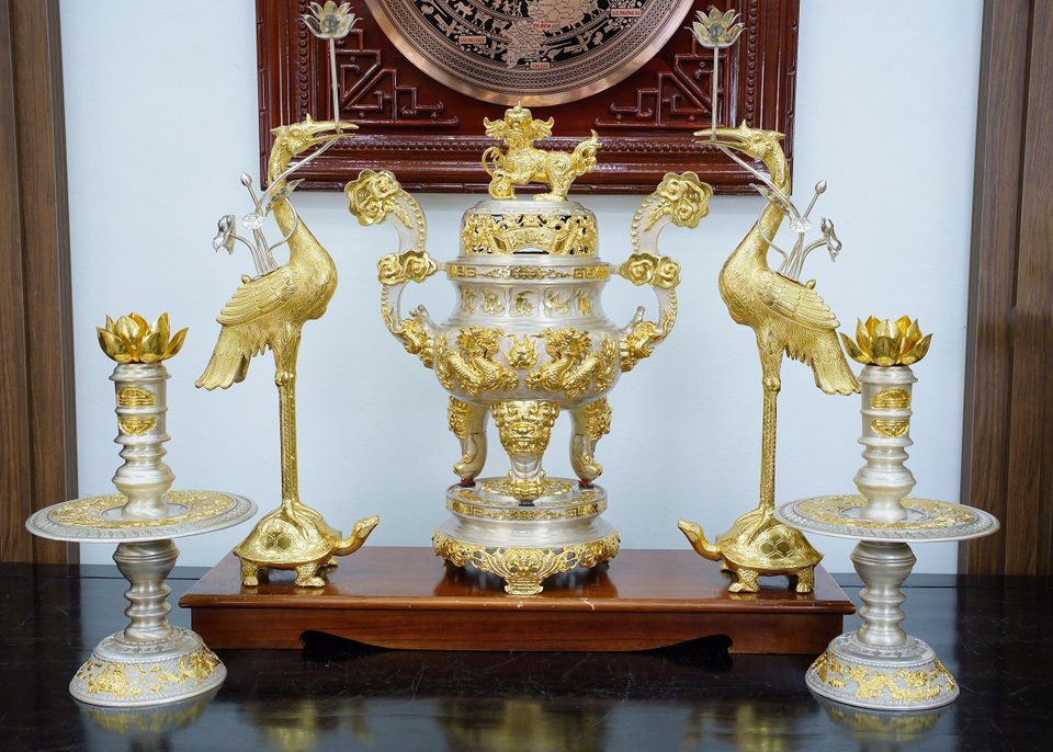 Phuc Loc Tho Khang Ninh set, gilded and silver plated